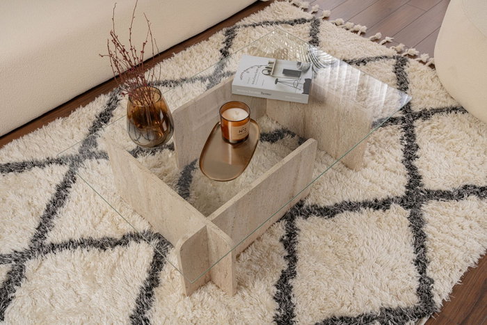 Nordure Mesa de Centro Flavio Mármol Travertino Tapa Cristal Templado Marco Melamina 105x30x65 cm